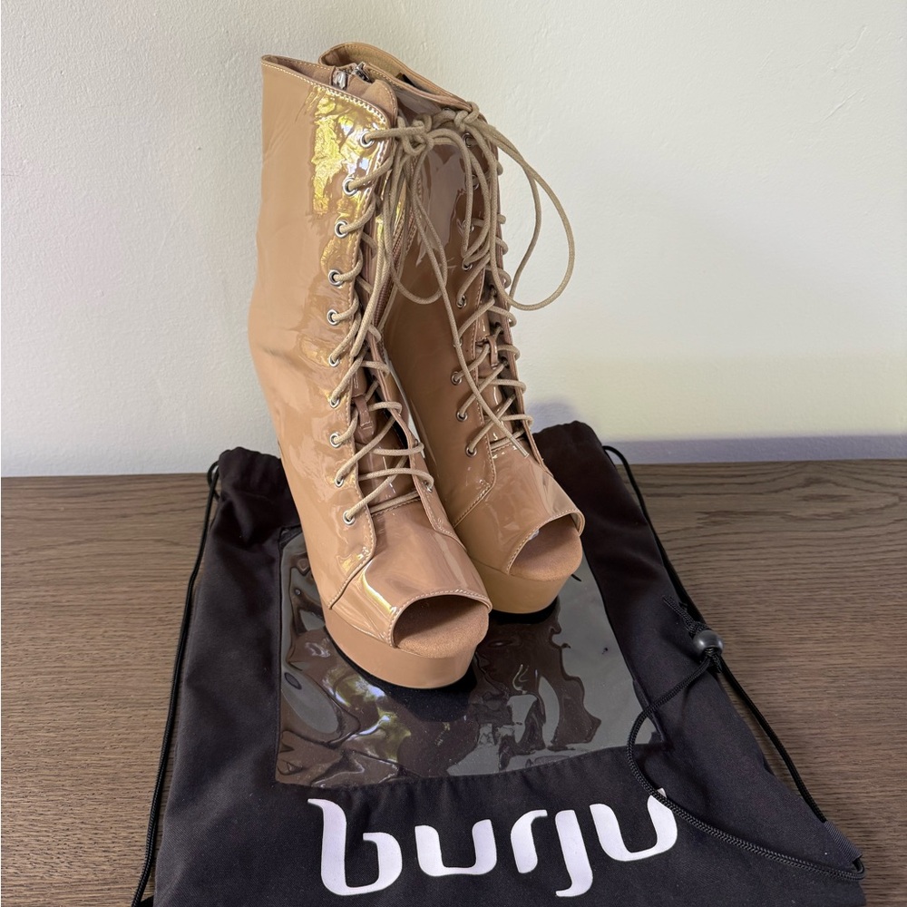 Tan Lace-Up Peep Toe Boots